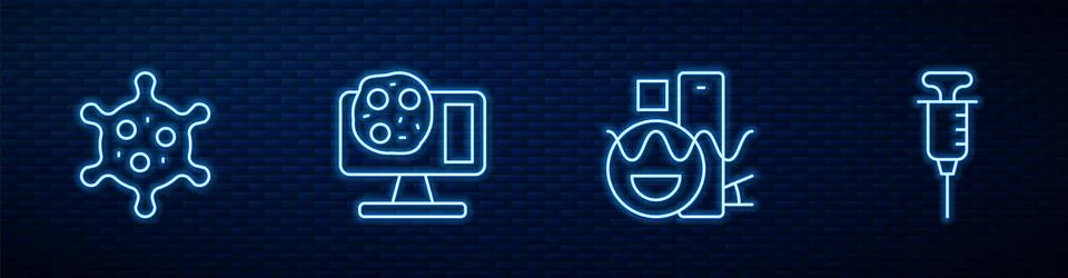 Set line Basic geometric shapes, Virus, Genetic engineering and Syringe. Glowing Illustrazione stock