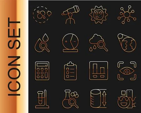 Set line Basic geometric shapes, Eye scan, Earth globe, Virus, Atom, Drop a.. Illustrazione stock