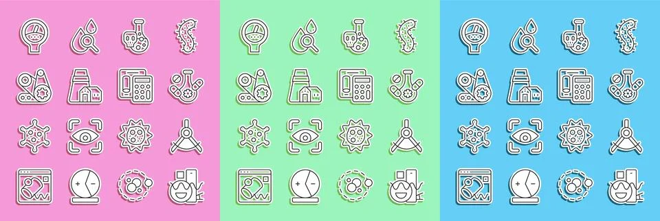 Set line Basic geometric shapes, Drawing compass, Medicine pill, Test tube .. Illustrazione stock