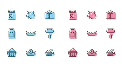 Set line Basin with soap suds, Time wash, Laundry detergent, Towel stack Stock Illustration