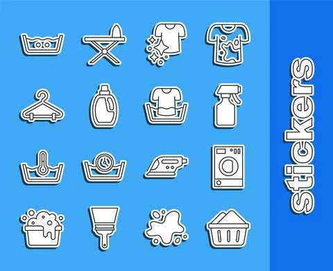 Set line Basin with soap suds, Washer, Water spray bottle, Drying clothes Stock Illustration