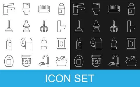 Set line Basin with soap suds, Wet wipe pack, Toilet bowl, Hairbrush, Mouthwash Stock Illustration