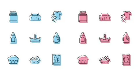 Set line Basin with soap suds, Towel stack, Washer, Temperature wash, Bottle for 스톡 일러스트