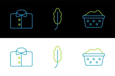 Set line Basin with soap suds, T-shirt and Feather icon. Vector Stock Illustration