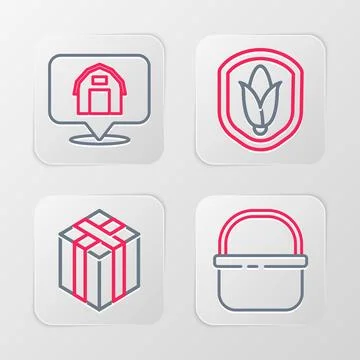 Set line Basket, Bale of hay, Shield corn and Location farm house icon. Vector Illustrazione stock