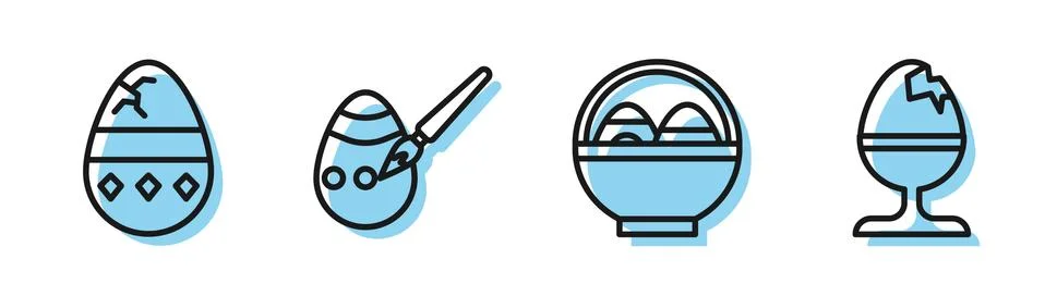 Set line Basket with easter eggs, Cracked egg, Easter egg and paint brush and Stock Illustration
