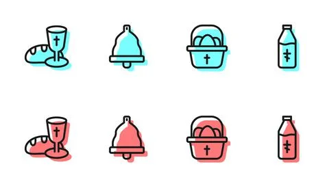 Set line Basket with easter eggs, Goblet and bread, Church bell and Holy water Illustrazione stock