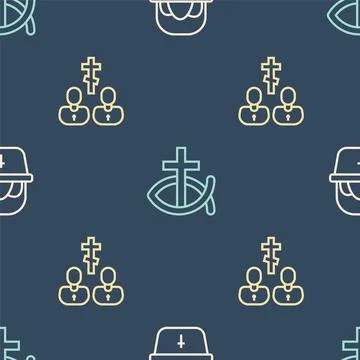 Set line Basket with easter eggs, Priest and Christian fish on seamless pattern Illustrazione stock