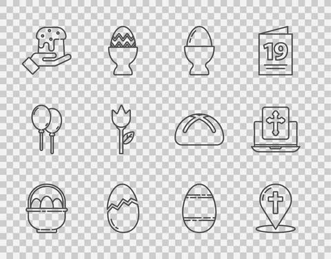 Set line Basket with easter eggs, Map pointer christian cross, Easter on stand Illustrazione stock