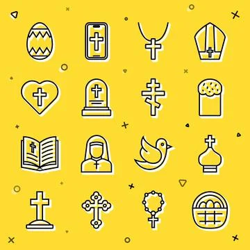 Set line Basket with easter eggs, Christian church tower, Easter cake, cross on Illustrazione stock