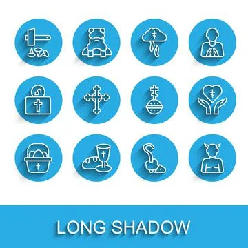 Set line Basket with easter eggs, Goblet and bread, Crucifixion of Jesus Christ Stock Illustration