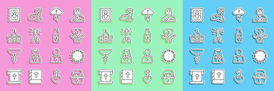 Set line Basket with easter eggs, Crown of thorns, Religious cross in heart, God Stock Illustration