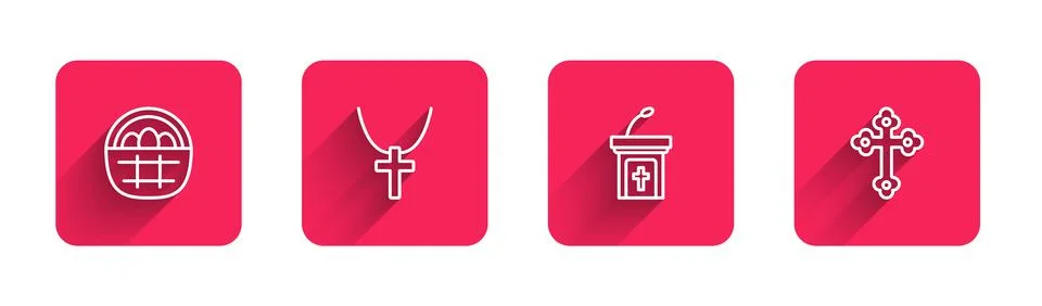 Set line Basket with easter eggs, Christian cross on chain, Church sermon Illustrazione stock