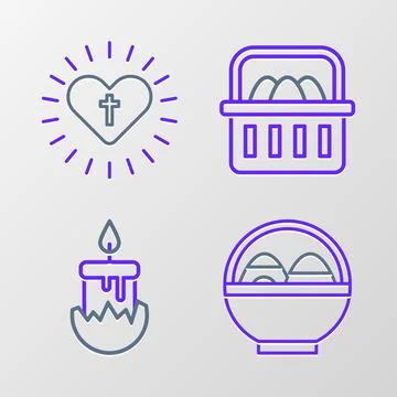 Set line Basket with easter eggs, Burning candle, and Christian cross heart icon Stock Illustration