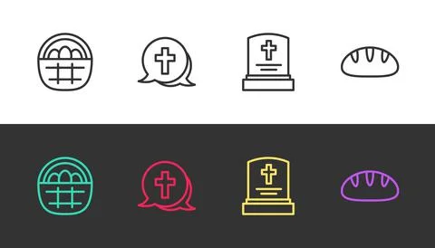 Set line Basket with easter eggs, Christian cross, Grave tombstone and bread on Illustrazione stock