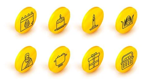 Set line Basket with easter eggs, Gift box, Egg in hot pot, Jesus Christ, Eas Stock Illustration