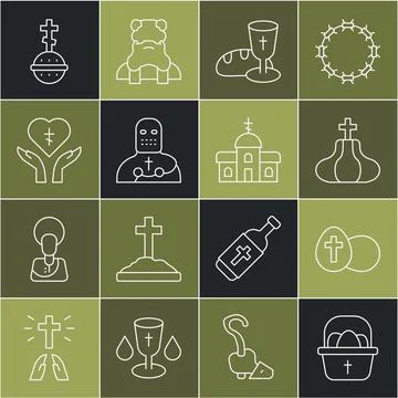 Set line Basket with easter eggs, Easter, Church tower, Goblet and bread, Knight Stock Illustration