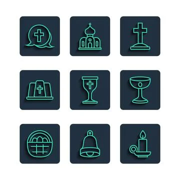 Set line Basket with easter eggs, Church bell, Burning candle in candlestick Stock Illustration