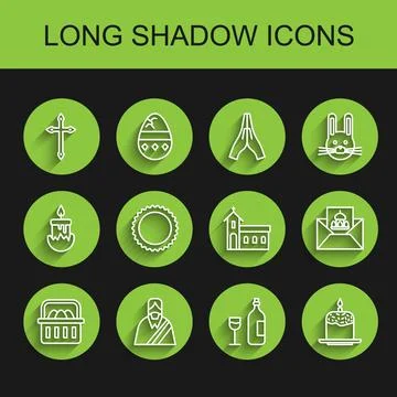 Set line Basket with easter eggs, Jesus Christ, Christian cross, Wine bottle Stock Illustration