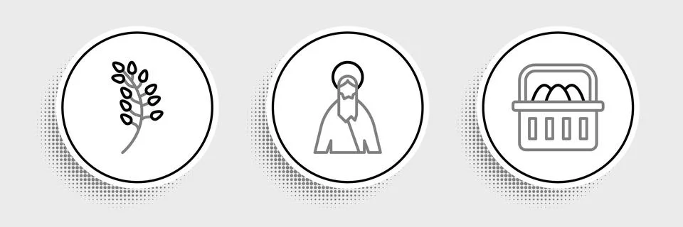 Set line Basket with easter eggs, Willow leaf and Jesus Christ icon. Vector Illustrazione stock