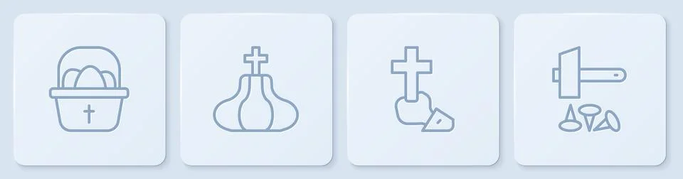 Set line Basket with easter eggs, Christian cross, Church tower and Crucifixion 스톡 일러스트