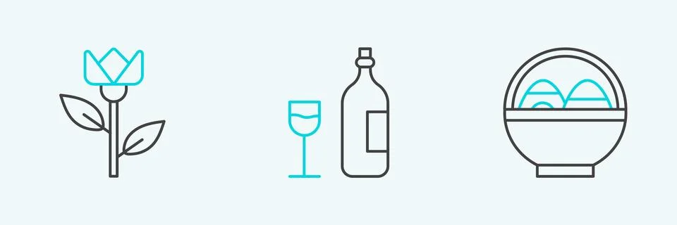 Set line Basket with easter eggs, Flower tulip and Wine bottle glass icon. .. Stock Illustration