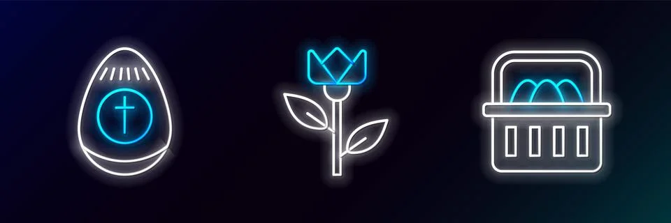 Set line Basket with easter eggs, Easter and Flower tulip icon. Glowing neo.. イラスト素材