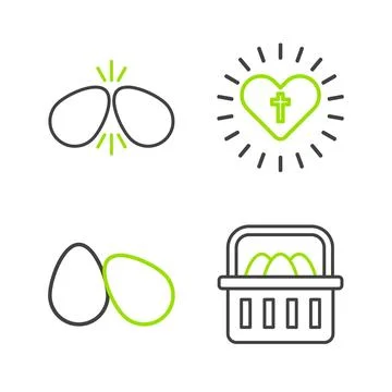 Set line Basket with easter eggs, Easter, Christian cross and heart and  ic.. Stock Illustration