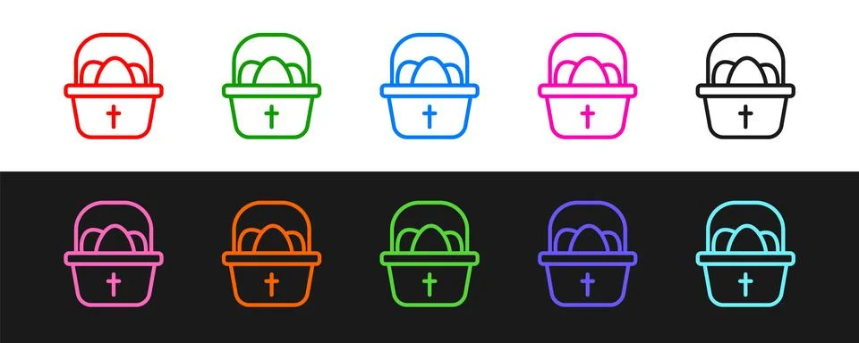 Set line Basket with easter eggs icon isolated on black and white background. Stock Illustration