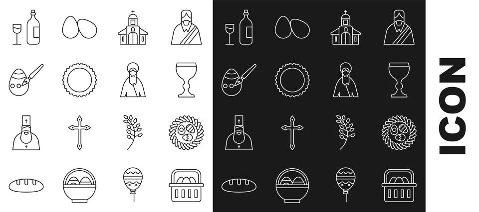 Set line Basket with easter eggs, Easter in wicker nest, Wine glass, Church.. Stock Illustration