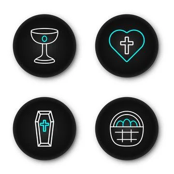 Set line Basket with easter eggs, Coffin, Christian cross heart and chalice.. Stock Illustration