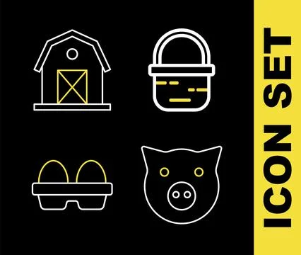 Set line Basket, Pig, Chicken egg in box and Farm house icon. Vector Stock Illustration