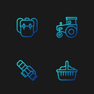 Set line Basket, Winter scarf, School backpack and Tractor. Gradient color icons Stock Illustration