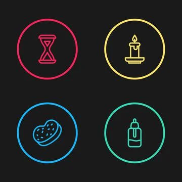 Set line Bath sponge, Essential oil bottle, Aroma candle and Sauna hourglass Stock Illustration