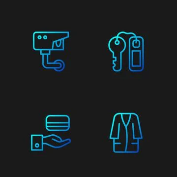 Set line Bathrobe, Digital door lock, Security camera and Hotel key. Gradie.. Stock Illustration