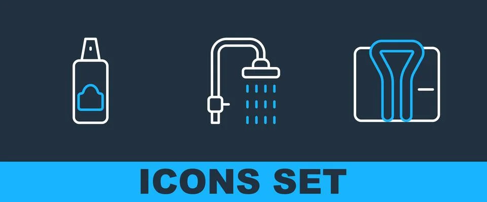 Set line Bathrobe, Spray can for hairspray and Shower icon. Vector Stock Illustration