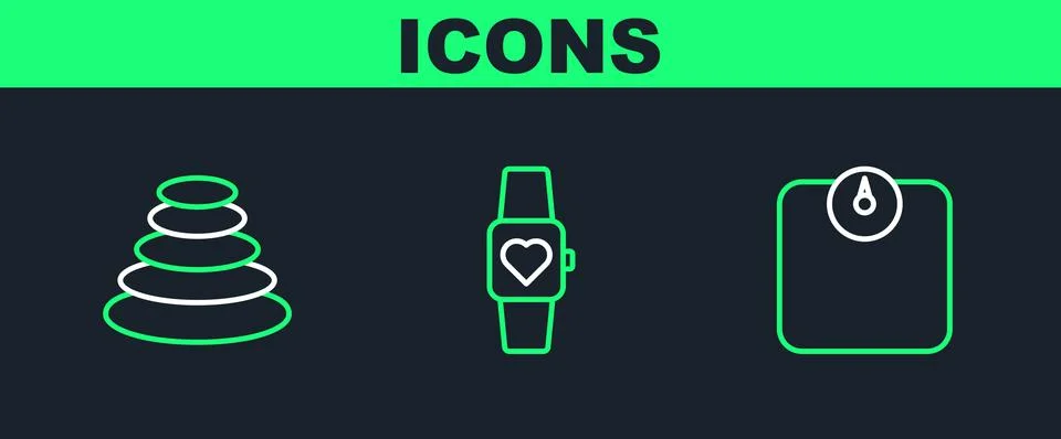 Set line Bathroom scales, Stack hot stones and Smart watch icon. Vector Illustrazione stock