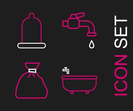 Set line Bathtub, Garbage bag, Water tap and Condom icon. Vector Stock Illustration