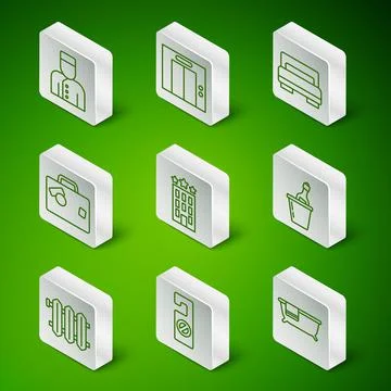 Set line Bathtub, Please do not disturb, Concierge, Hotel building, Suitcase, Ilustración de archivo