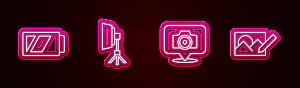 Set line Battery for camera, Softbox light, Photo and retouching. Glowing neon Stockillustratie