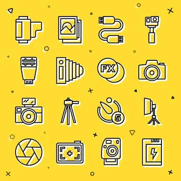 Set line Battery for camera, Softbox light, Photo, USB cable cord, flash, Cam Stock Illustration