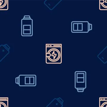 Set line Battery charge, and Washer on seamless pattern. Vector Stock Illustration