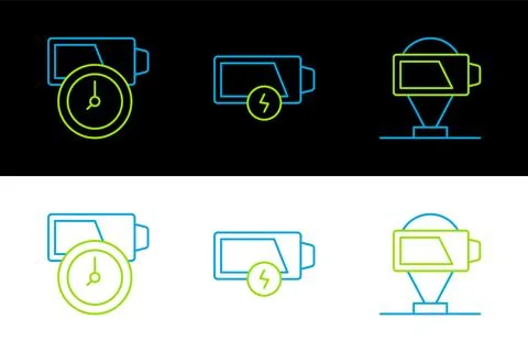 Set line Battery charge,  and Low battery icon. Vector Stock Illustration