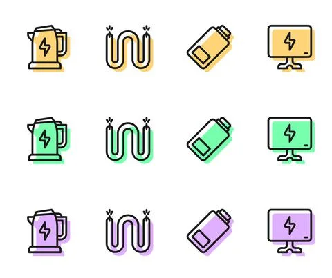 Set line Battery charge, Electric kettle, cable and Smart Tv icon. Vector Stock Illustration