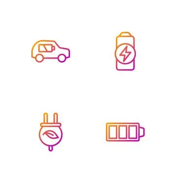 Set line Battery charge, Electric saving plug in leaf, car and . Gradient c.. Illustrazione stock