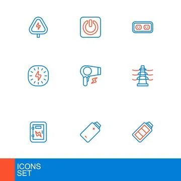 Set line Battery charge, Electrical panel, tower line, Lightning bolt, Hair.. Stock Illustration