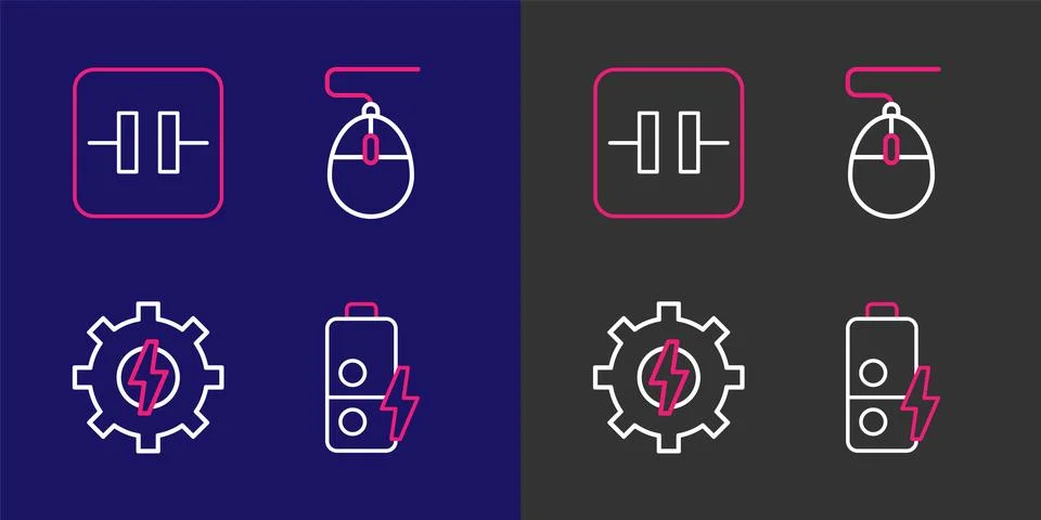 Set line Battery charge, Gear and lightning, Computer mouse and Electrolyti.. Stock Illustration
