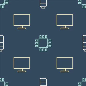 Set line Battery charge level indicator, Computer monitor screen and Processor Illustrazione stock