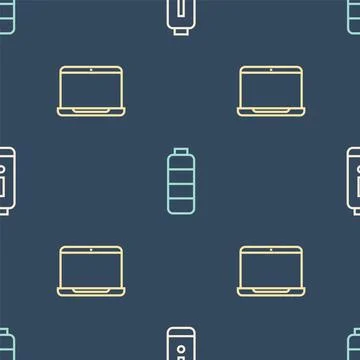 Set line Battery charge level indicator, Laptop and on seamless pattern. Vector Stock Illustration