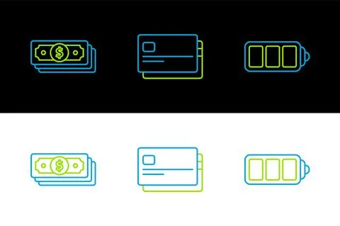 Set line Battery charge level indicator, Stacks paper money cash and Credit card イラスト素材